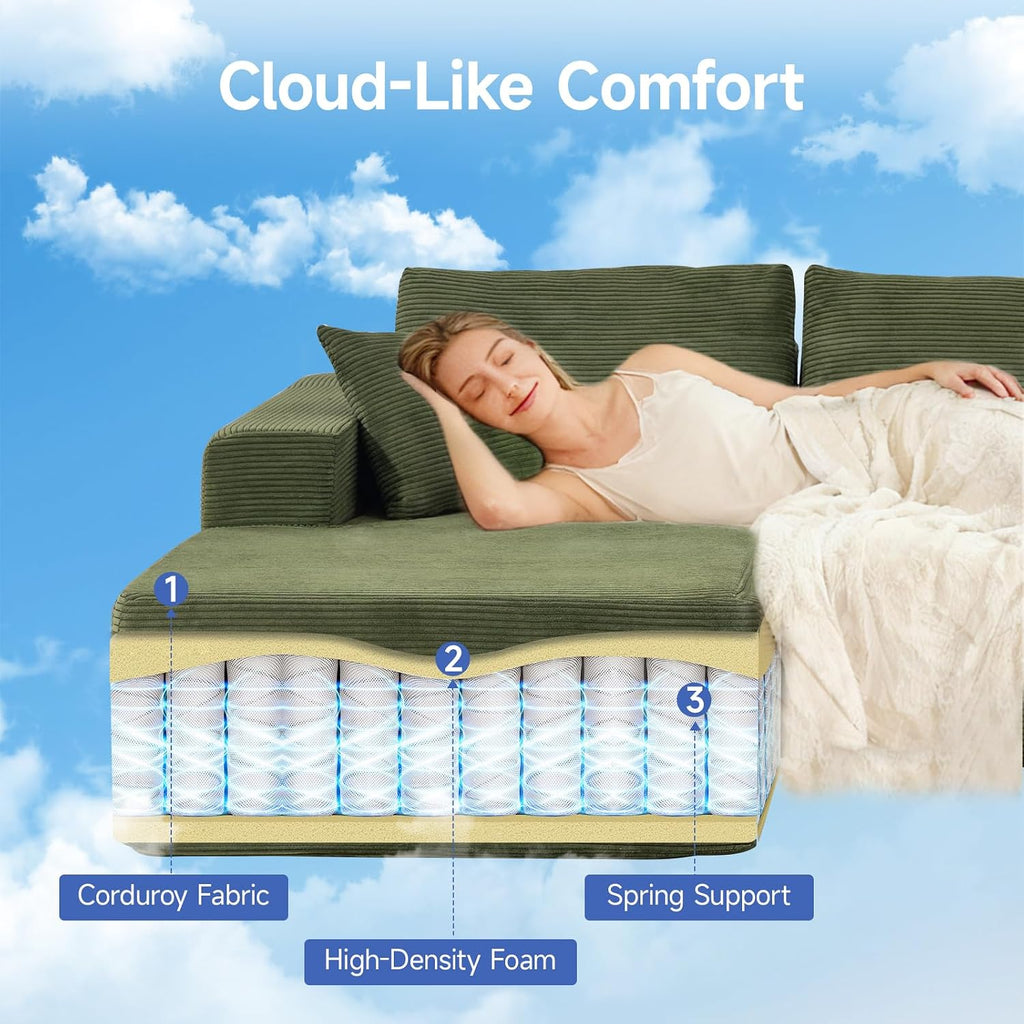 Brage Living 2025 New 108' Cloud Couch Sectional, Comfy Boneless Modular Sectional Sofa with L-Shaped Chaise, Deep Seat Couch for Living Room, No Assembly Required (Green, Left Facing Chaise)