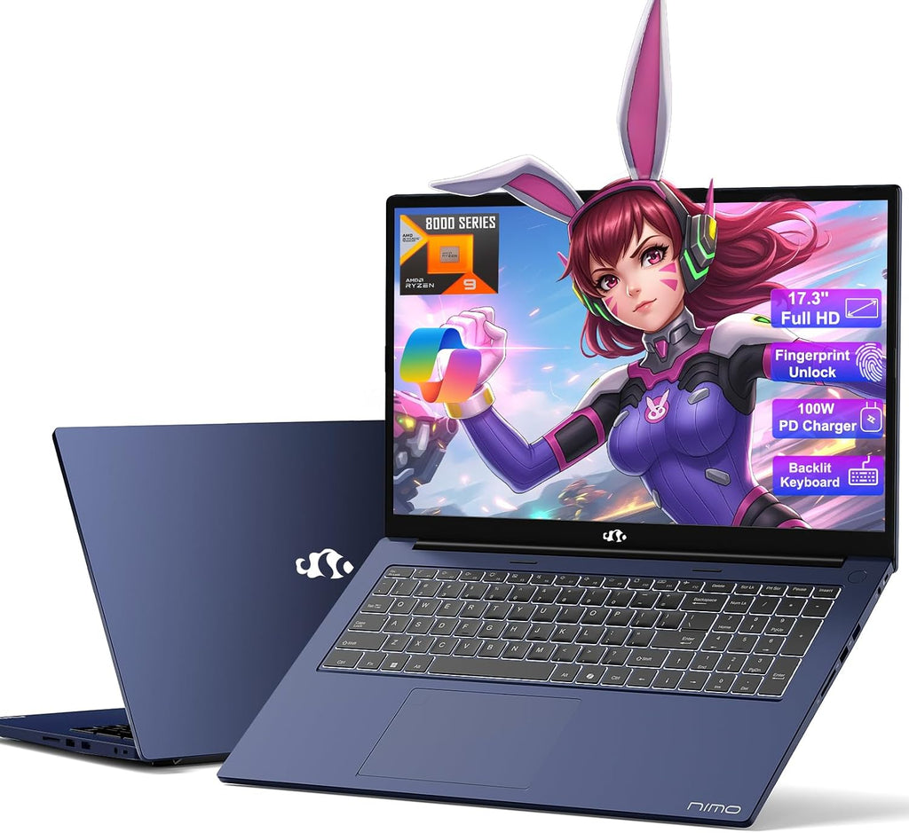 NIMO 17.3' Business-Laptop Ryzen 9 8945HS, 64GB RAM 2TB SSD, Radeon 780M, 54W Max TDP, 75Wh Battery, USB-C 4.0, PD 100W, Backlit Keyboard, Fingerprint Unlock, FHD Laptop for Gaming Student Office