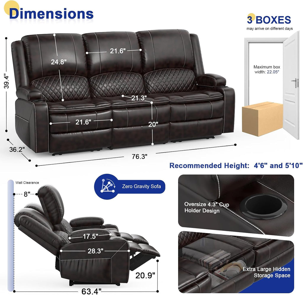 Recliner Sofa 3 Seater Sofa with Recliner, Home Theater Seating with Liftable Console & Removable Armrest, Manual PU Leather Reclining Couch with Cup Holders & USB Ports for Living Room/RV (PU,Brown)