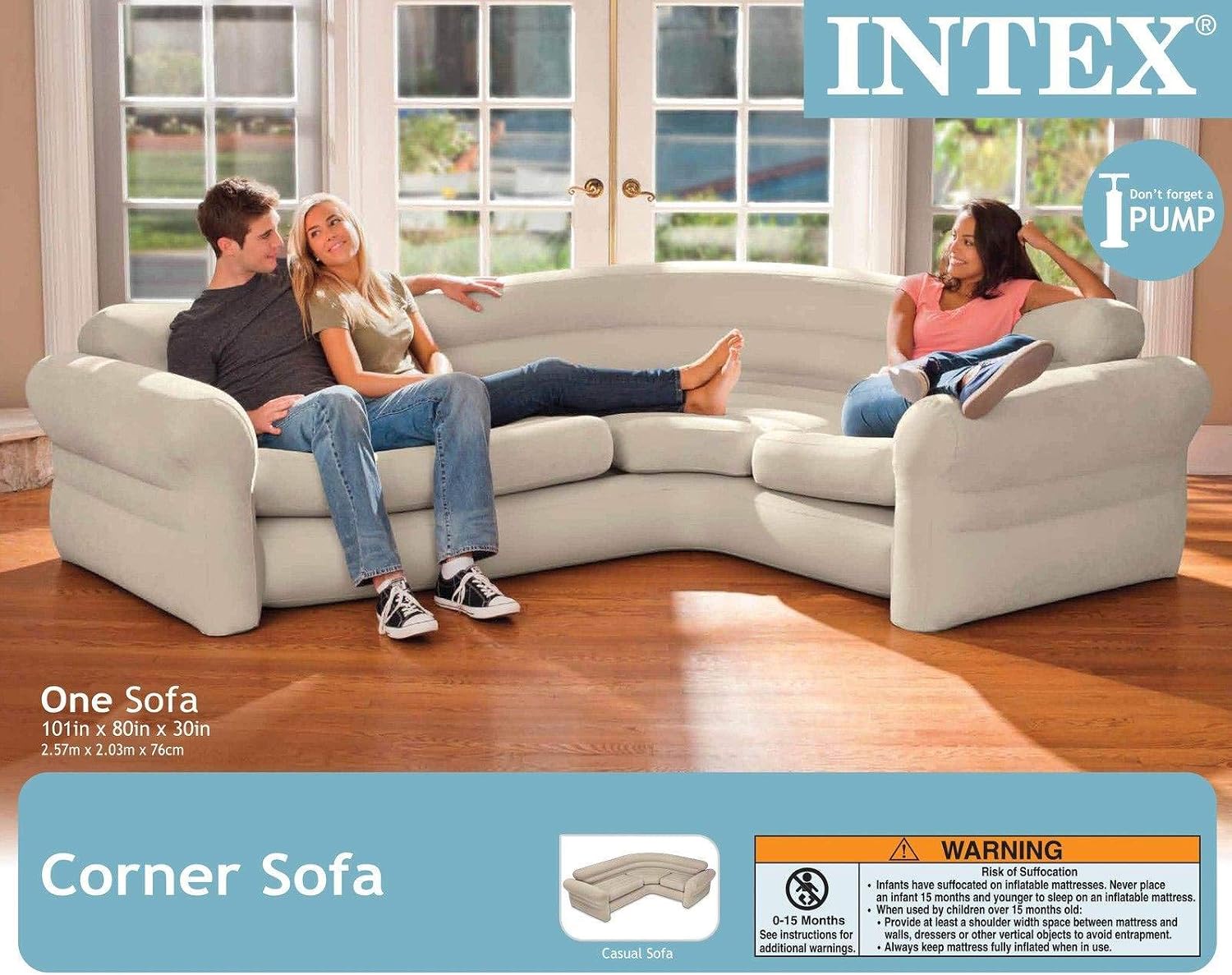 Intex Inflatable Corner Living Room Neutral Sectional Sofa & Lounge Chair Set