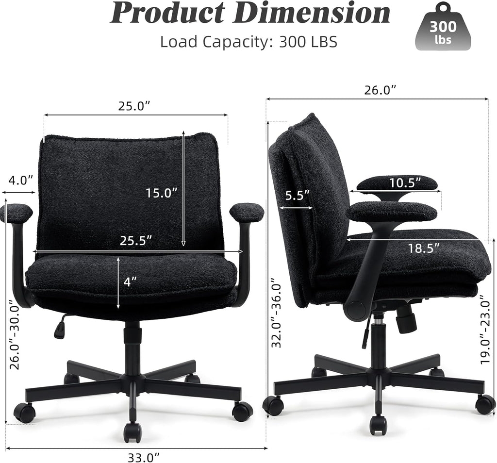 Kassipo Criss Cross Legged Office Chair with Wheels and Flip-Up Arms, Upholstered Criss Cross Desk Chair, Wide Seat Chairs for Home Office, Vanity, Apartment, Black