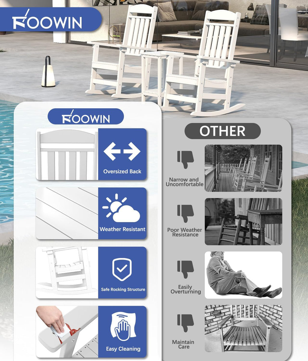 FOOWIN 3-Piece Outdoor Rocking Chairs Set, High Back Patio Rocker with Side Table, HDPE All Weather Resistant Oversized Rocking Chairs for Indoors, Porch, Patio, Backyard, White