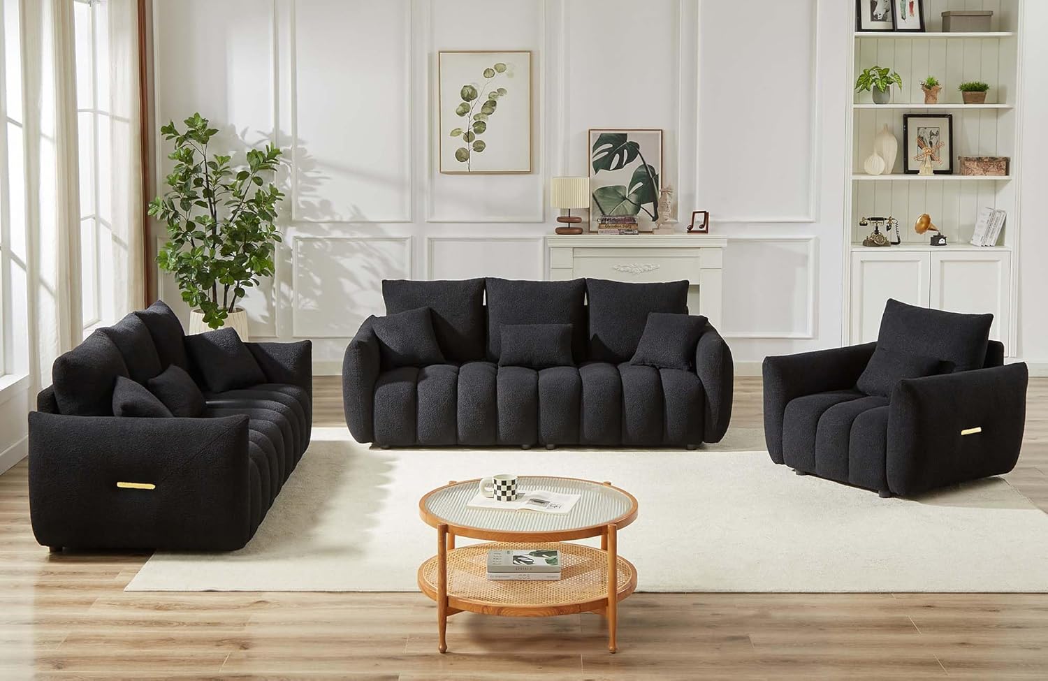 Antetek Teddy Sofa Set for Living Room, Modern Deep Seat Sofa Chair and Oversized 3-Seater Cloud Boucle Couch for Bedroom, Office, Apartment, Furniture Set, Black (2 Piece)