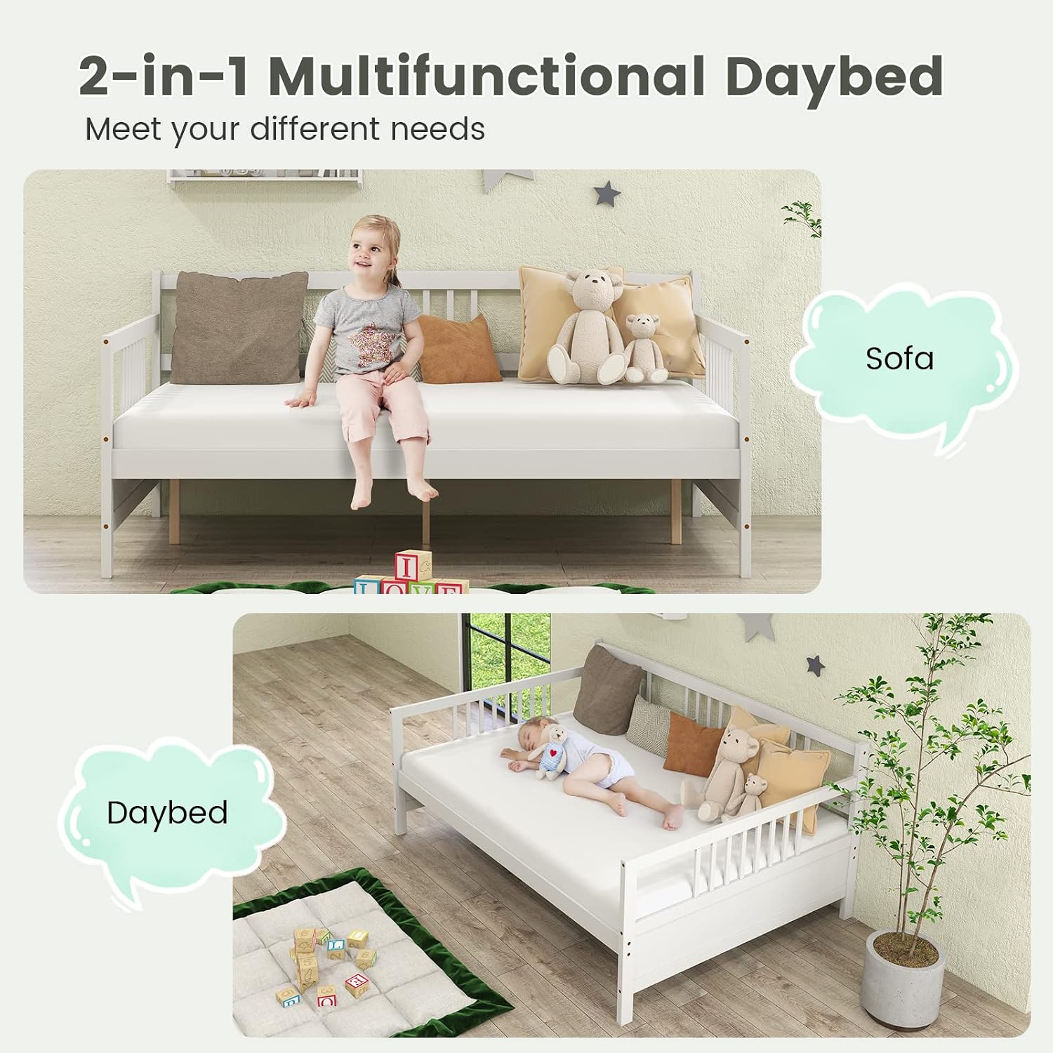 Giantex Full Size Daybed, Wooden Daybed Sofa Bed Frame with Wood Slat Support for Kids Teens, Multi-Functional Day Bed for Living Room Bedroom Guest Room, No Box Spring Needed, White