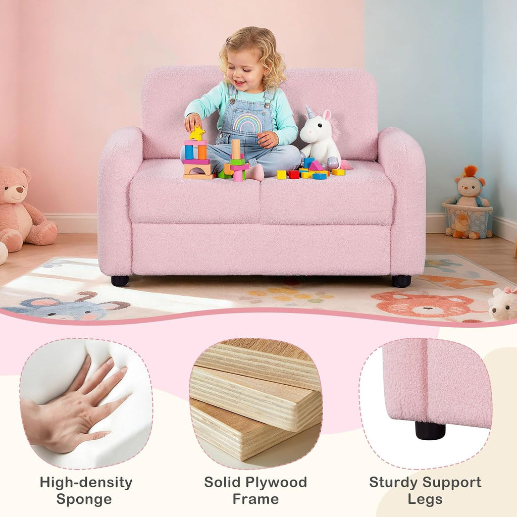 Costzon Kids Couch, 2 Seat Toddler Armrest Chair w/Teddy Fleece Upholstery & Solid Wooden Frame, Double Seat Children's Sofa for Preschool, Bedroom, Playroom, Daycare, Ideal Gift for Girls Boys