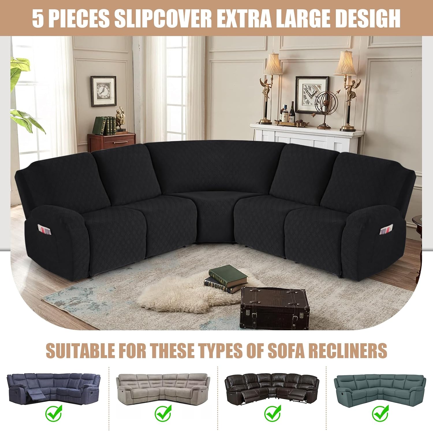 VANSOFY Extra Large Reclining Sectional Couch Covers, Washable 5-Piece Sofa Covers for L Shape Sectional Sofa Corner Seater, Thick, Soft Sofa Slipcovers (5 Seat Recliner Cover，Black)