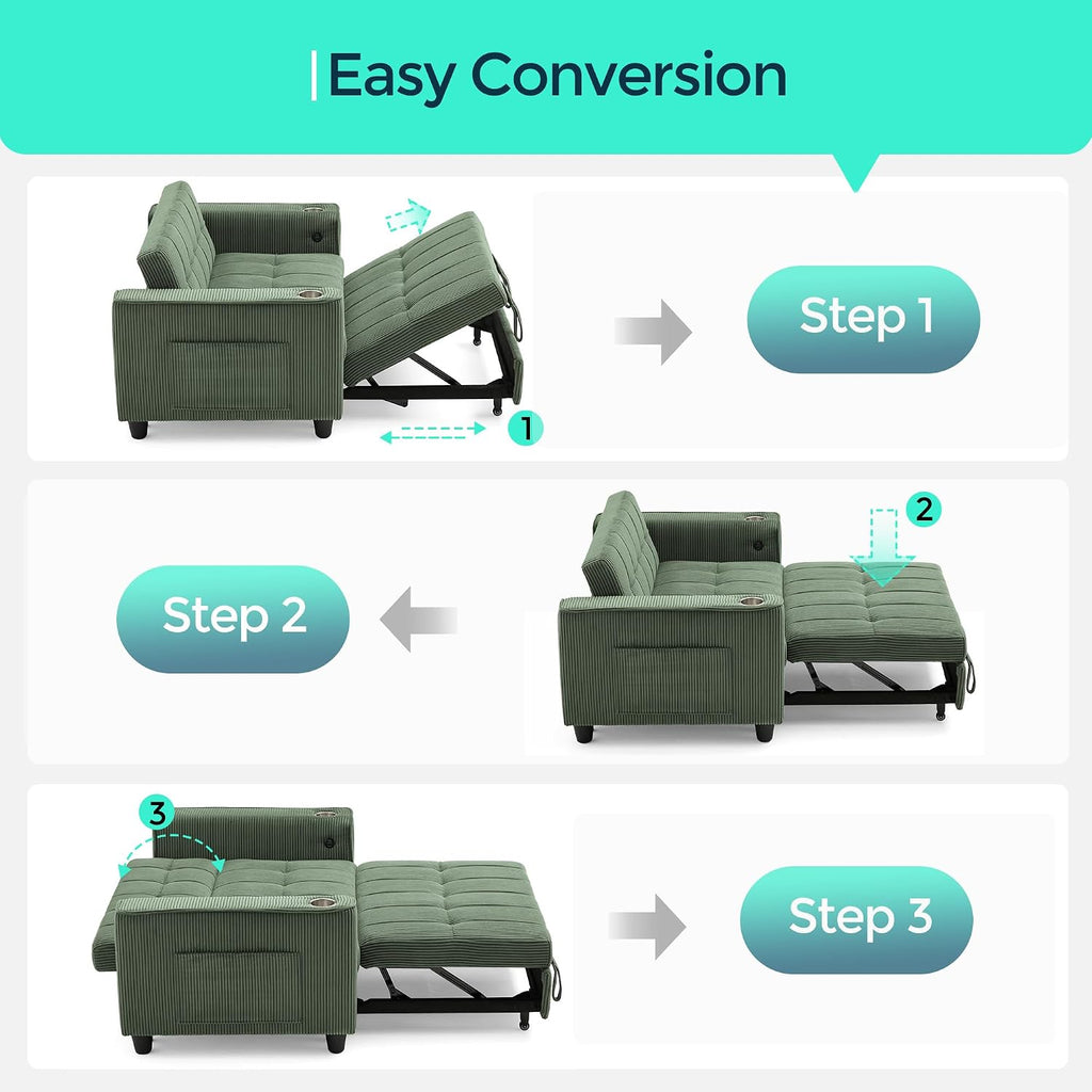 LINSY 54' Pull Out Couch with Charging Station - Sleeper Sofa Bed with Cup Holder, Small 3 in 1 Convertible Loveseat Sleeper Couch for Apartment, Dorm Room, Bedroom and Small Space, Olive Green