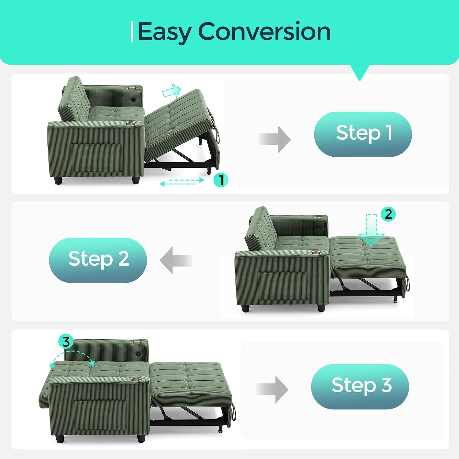 LINSY 54' Pull Out Couch with Charging Station - Sleeper Sofa Bed with Cup Holder, Small 3 in 1 Convertible Loveseat Sleeper Couch for Apartment, Dorm Room, Bedroom and Small Space, Olive Green