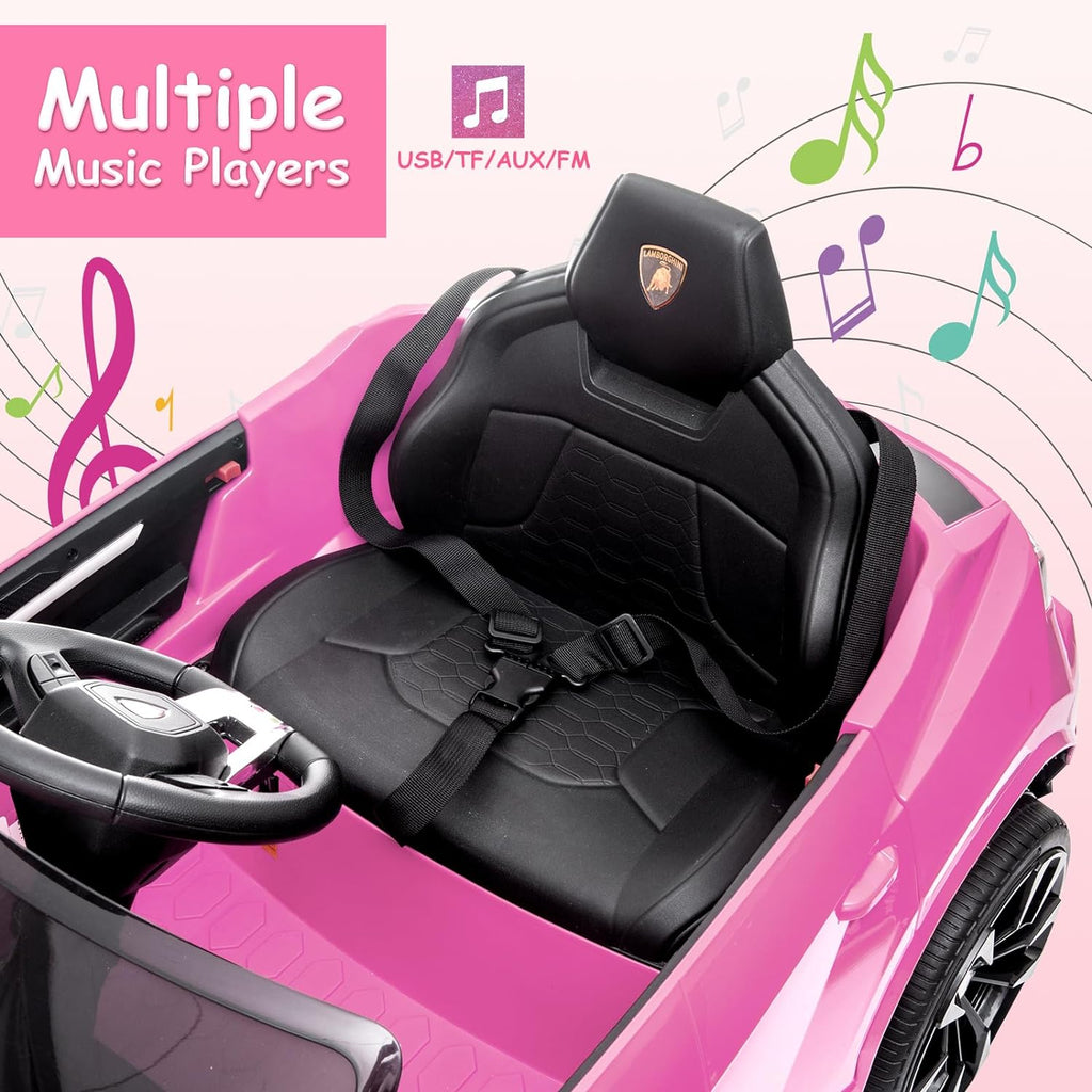Electric Car for Kids 12V Licensed Lamborghini Ride On Car with Remote Control,Max Speed 2.5Mph,LED Lights,Music Players,Lockable Doors,Spring Suspension,Toddler Cars to Drive,Pink