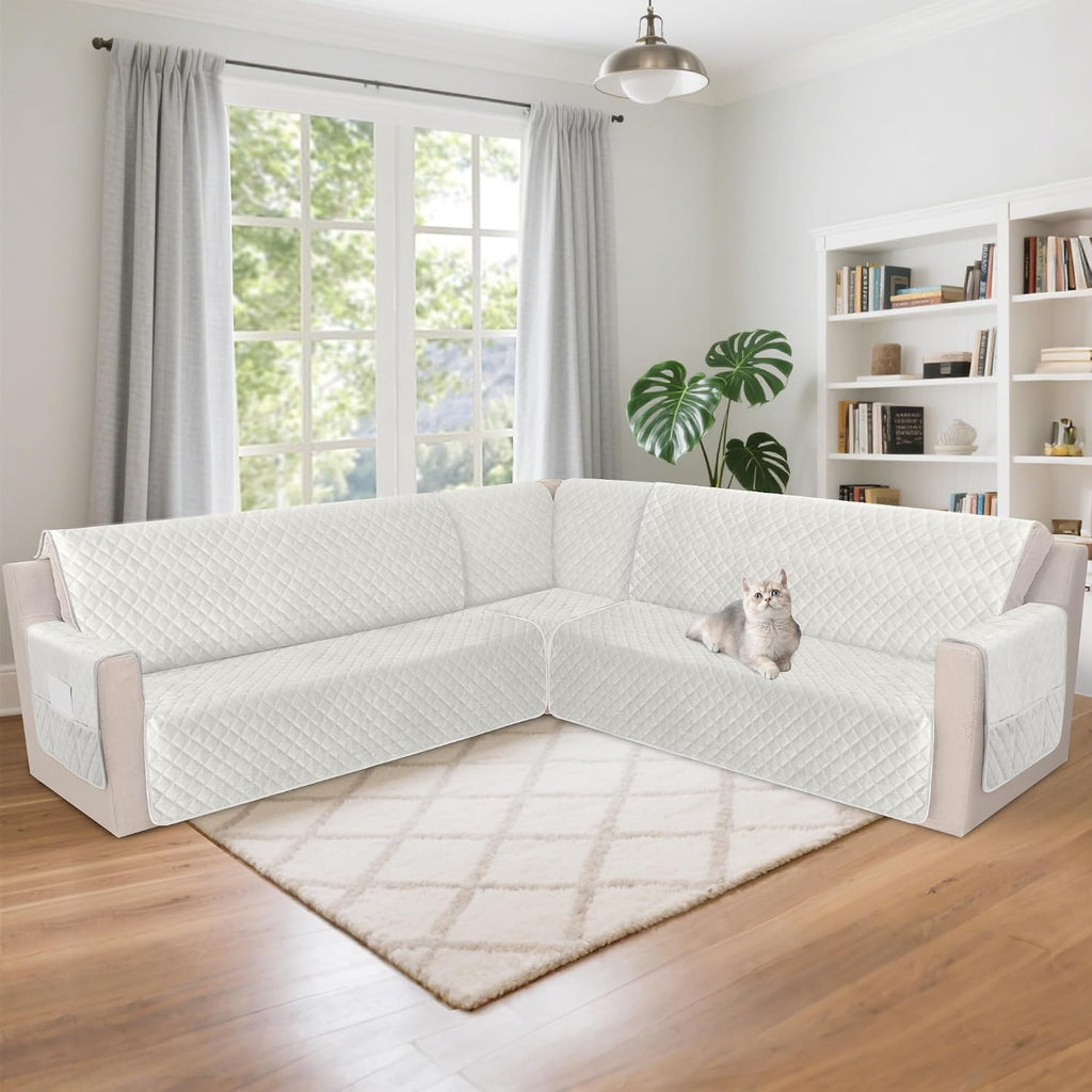 HDCAXKJ Waterproof Corner Sectional Couch Cover Velvet L Shape Sofa Covers for Pets Dogs Soft Heavy Duty U Shaped Sofa Slipcovers Sets for Sectional Non Slip Furniture Protector (Cream, XX-Large)