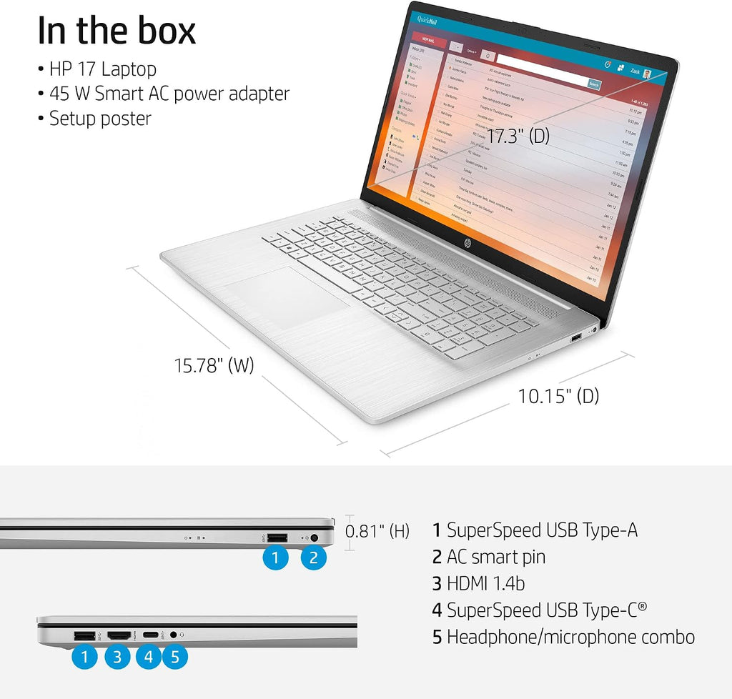 HP Laptops 17 inch Windows 11 | AMD Ryzen 5 5500U 6Core | FHD 1920x1080 IPS Display Narrow Bezel | Numeric Keyboard | Wireless-AC | Webcam | USB Type-C | HDMI Cable (32GB RAM | 1TB PCIe SSD)