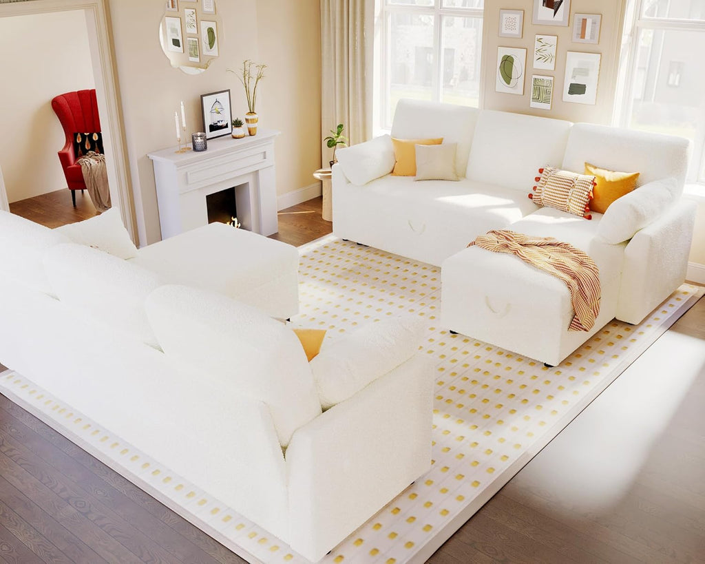 VanAcc Sofa Bed, Sleeper Sofa- 2 in 1 Pull Out Couch Bed with Storage Chaise for Living Room, White Sherpa