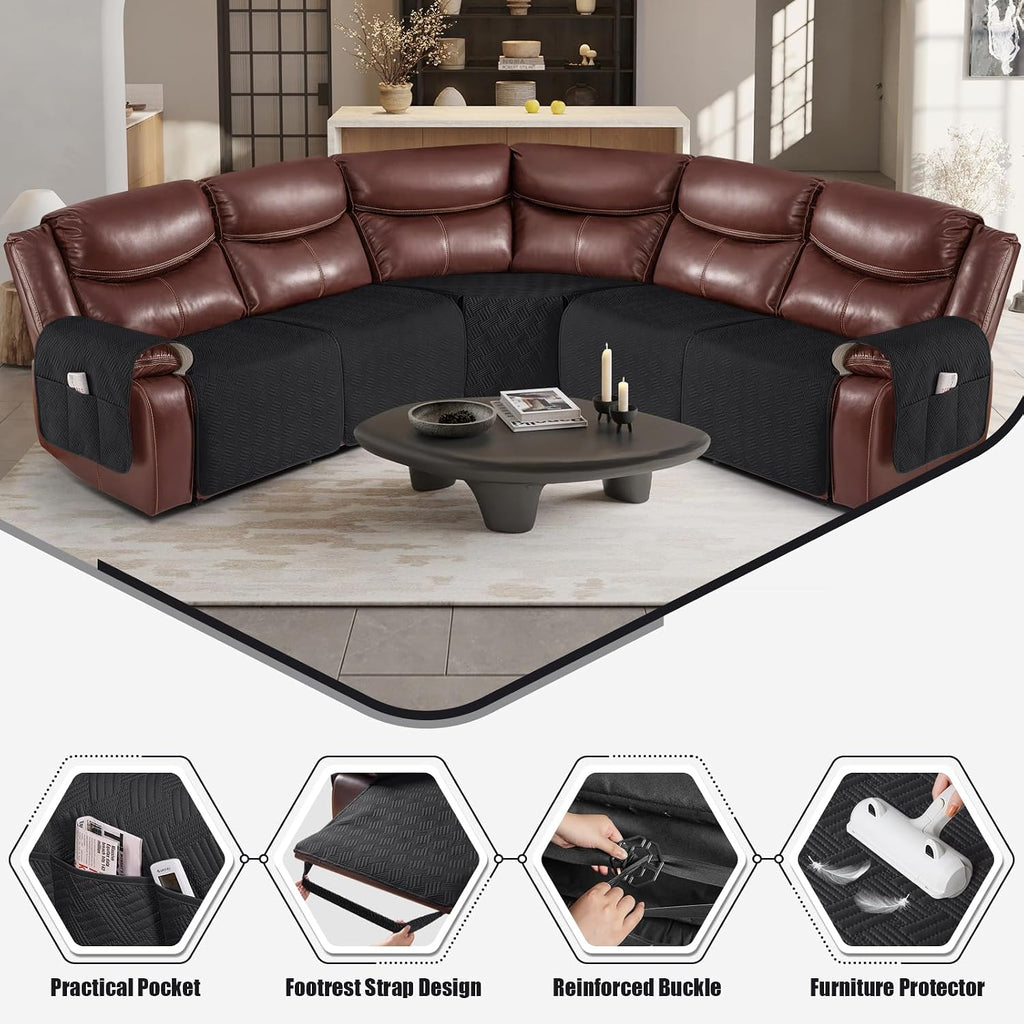 KinCam Waterproof Recliner Sectional Couch Covers, Oversized Reclining Sofa Covers for L Shape Couch, Non Slip Couch Cover for Sofa Washable Slipcover (5 Seat Recliner Cover, Black)