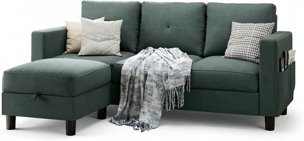 SUNLEI Convertible L-Shaped Sectional Couches for Living Room, Space-Saving 3-Seat Couch for Small Apartments & Living Rooms, Linen Fabric, Grey | L-Shaped