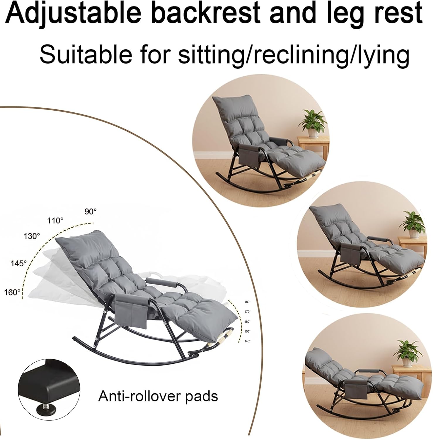 Outdoor Rocking Chair - Foldable Ottoman Glider Chair - 5-Way Adjustable Recliner Chair - Removable Waterproof Cushion ，for Porch,Patio,Garden, BalconyGrey,145 * 60 * 50cm