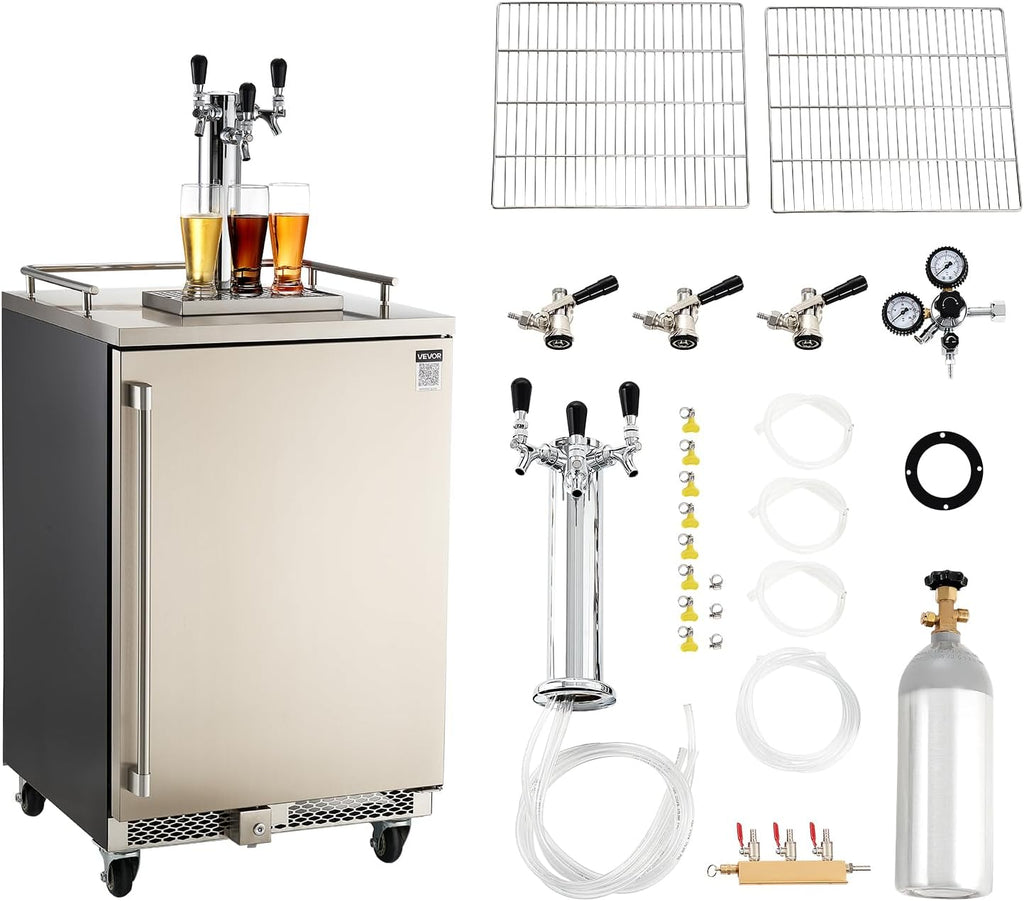 VEVOR Beer Kegerator, Triple Tap Commercial Draft Beer Dispenser for D system, Full Size Keg Refrigerator with 5lbs CO2 Tank, Hold 3 Sixth/2 Slim/3 Ball lock keg (3 taps - D system - stainless steel)