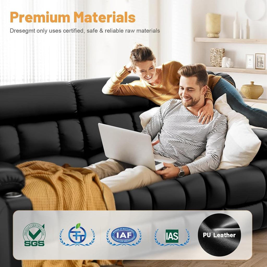 Dresegmt Loveseat Recliner Sofa, Flip Middle Backrest Design PU Leather 3 Seat Reclining Sofa with Storage Drawer, Manual Couch for Living Room/RV (Black, PU)