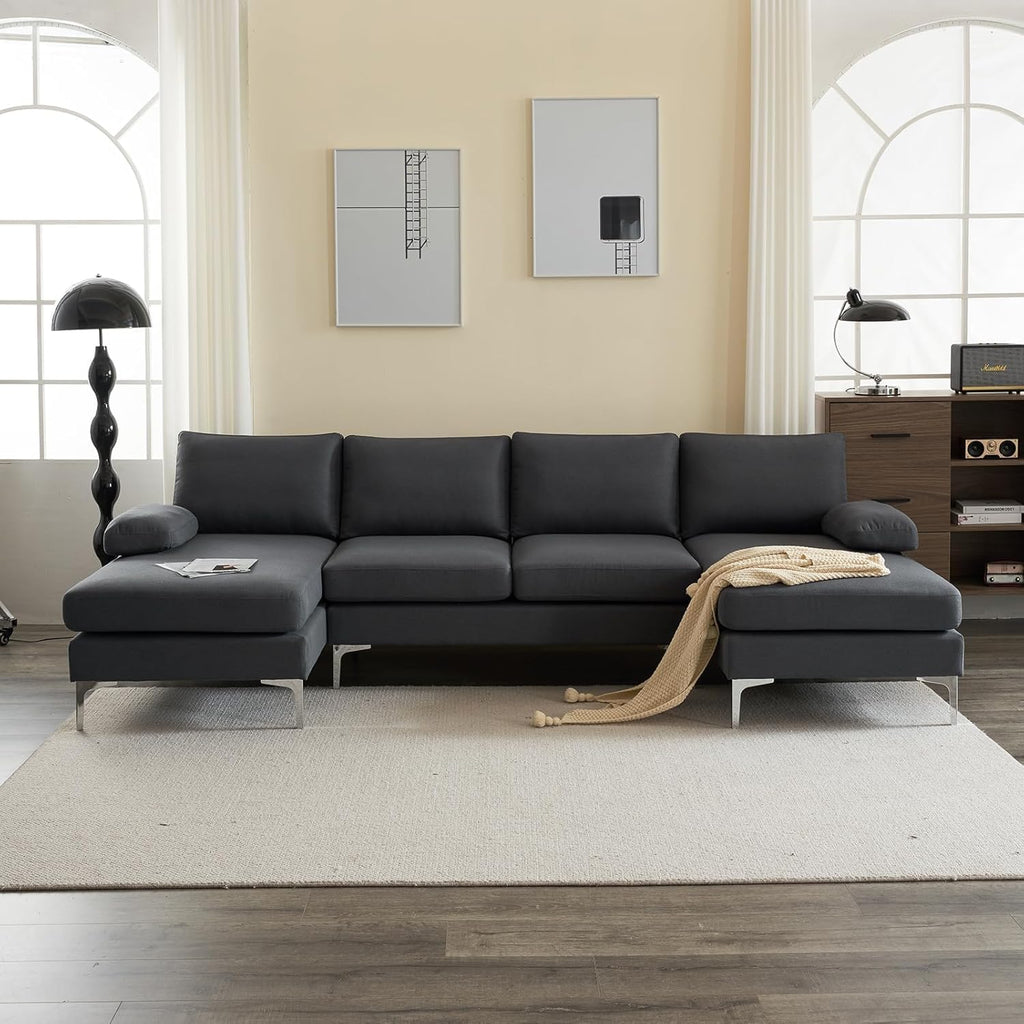 Karl home 110' Sectional Sofa U-Shaped 4-Seat Couch with Chaises Linen Fabric Upholstered for Living Room, Apartment, Office, Dark Gray