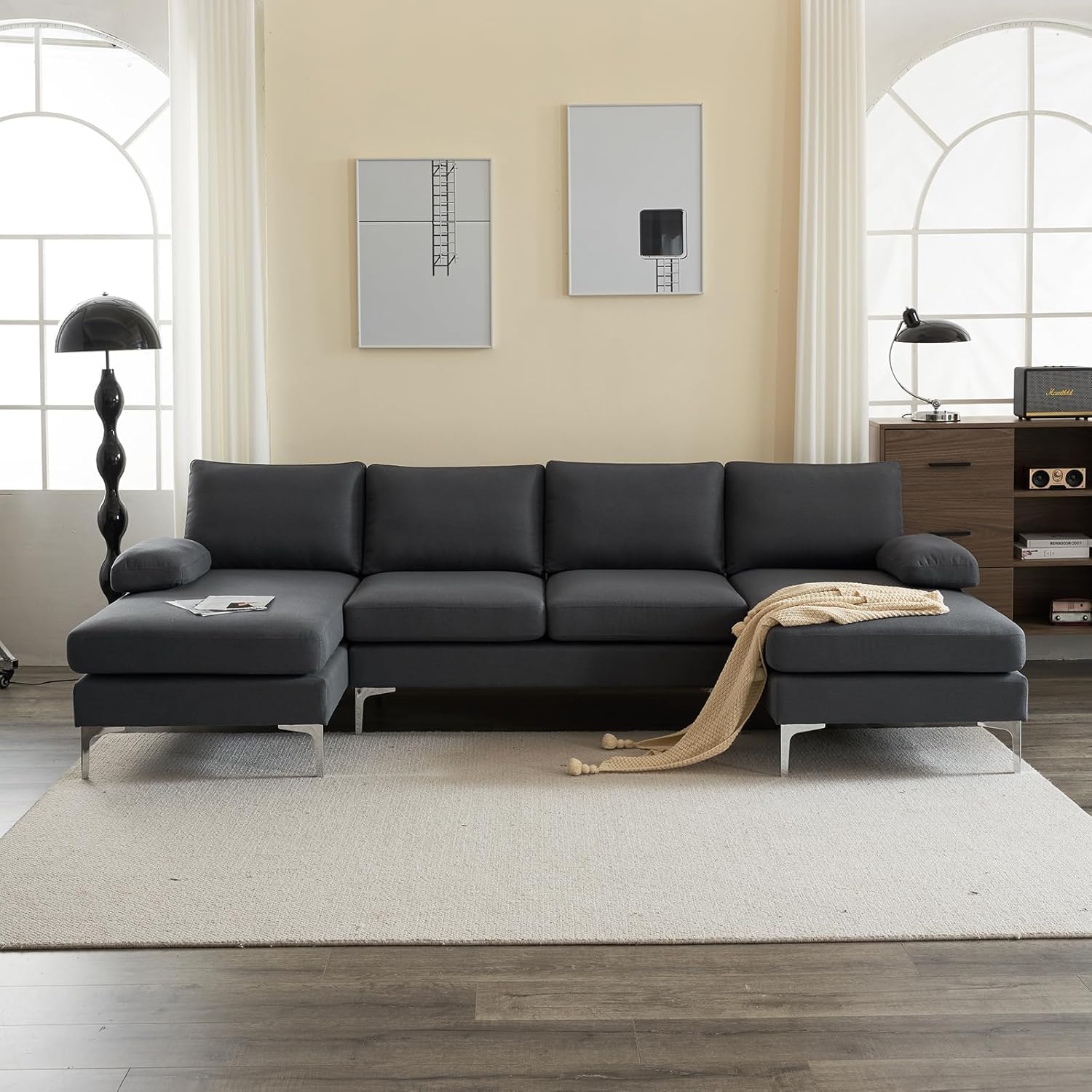 Karl home 110' Sectional Sofa U-Shaped 4-Seat Couch with Chaises Linen Fabric Upholstered for Living Room, Apartment, Office, Dark Gray