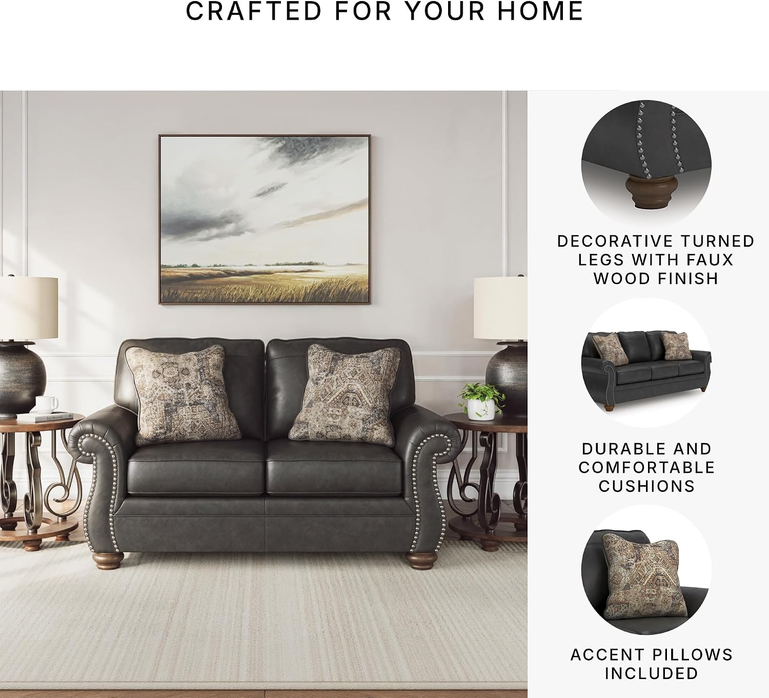 Signature Design by Ashley Shadsburne Rustic Faux Leather Sofa with Nailhead Trim and 2 Chenille Throw Pillows, Pillows with Soft Polyfill, Reinforced Frame for Added Stability, Black