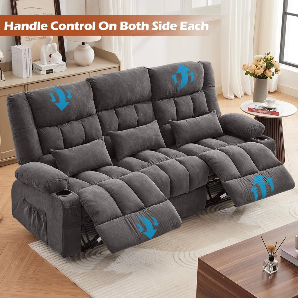 MAHOMICO Recliner Sofa with Cup Holders for Living Room 3 Seat Manual Oversized Recliner Chiar with Ergonomic, Side Pocket for Adult