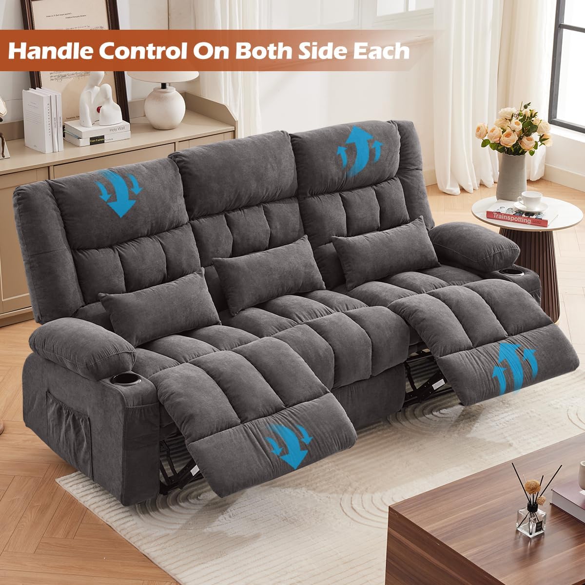 MAHOMICO Recliner Sofa with Cup Holders for Living Room 3 Seat Manual Oversized Recliner Chiar with Ergonomic, Side Pocket for Adult