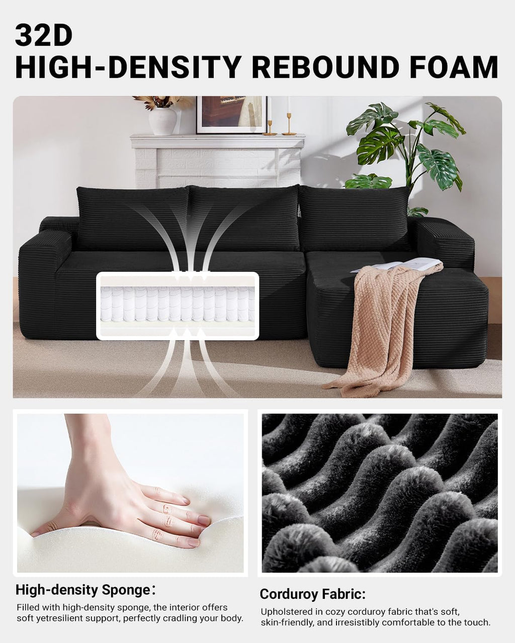 96 Inch Cloud Sectional Couch,Modern Modular Sectional Sofa with Deep Seat,Corduroy Boneless Couches with L-Shape Chaise for Living Room Bedroom,No Assembly Required (Black, Right Facing Chaise)