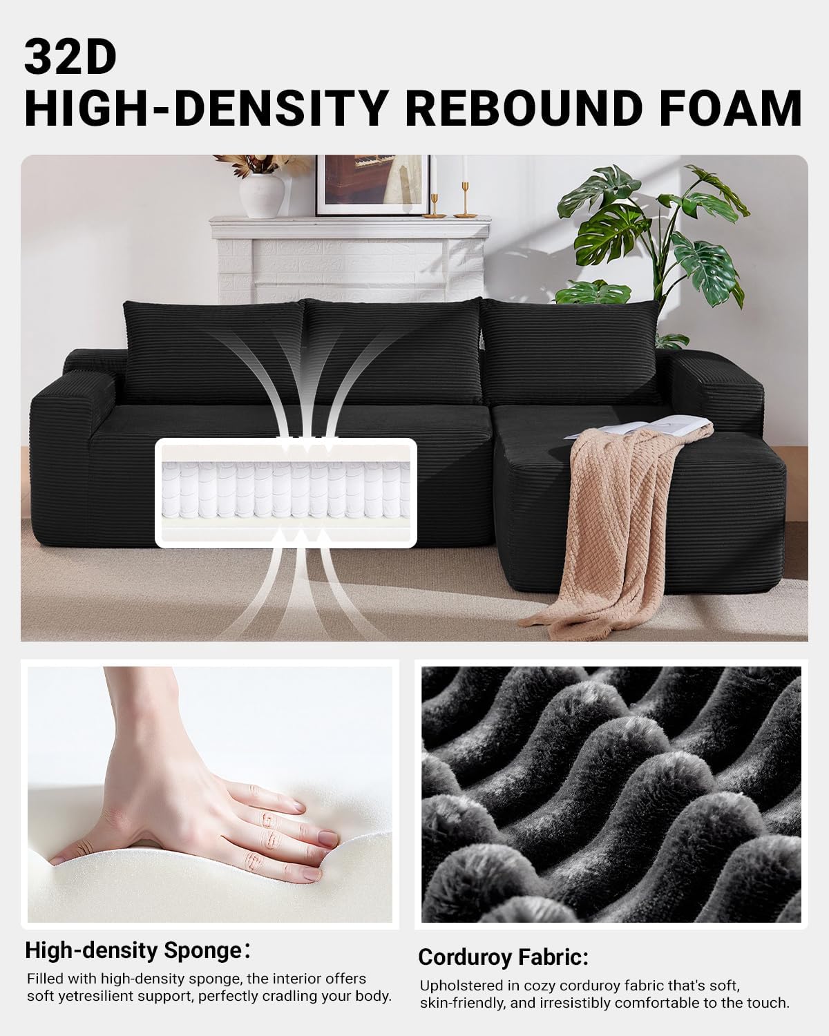 96 Inch Cloud Sectional Couch,Modern Modular Sectional Sofa with Deep Seat,Corduroy Boneless Couches with L-Shape Chaise for Living Room Bedroom,No Assembly Required (Black, Right Facing Chaise)