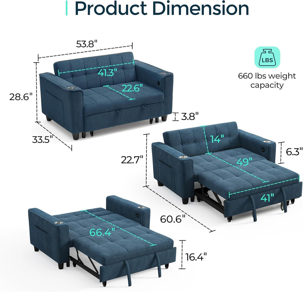 LINSY Sleeper Sofa Bed, 54' Pull Out Couch with Charging Station & Cup Holder, Small 3 in 1 Convertible Loveseat Sleeper Couch for Apartment, Dorm Room, Bedroom and Small Space(Corduroy Blue)