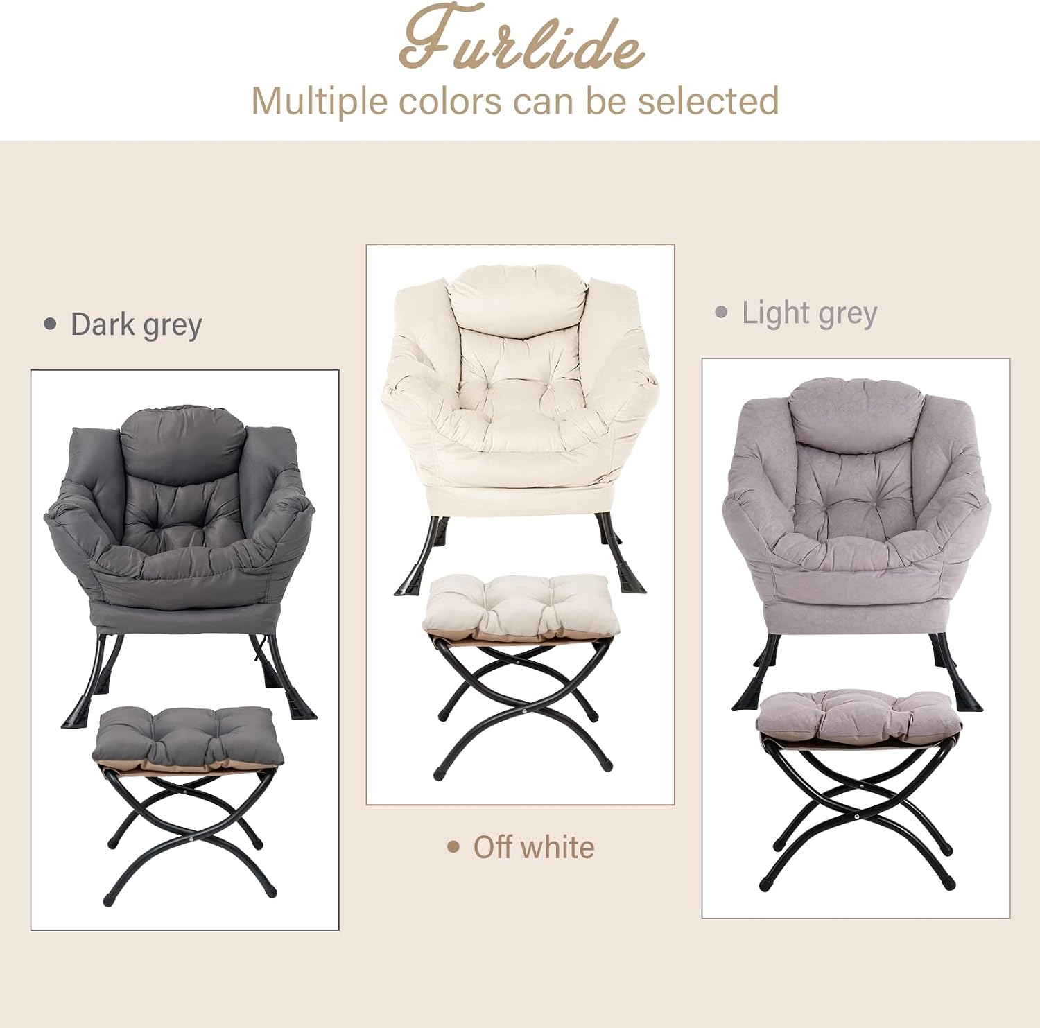 Furlide Lazy Chair with Ottoman, Modern Chair with Folding Footrest, Lounge Accent Chair, Comfortable Reading Chair, Oversized Armchairs for Bedroom, Study, Living Room, Courtyard (Light Grey)