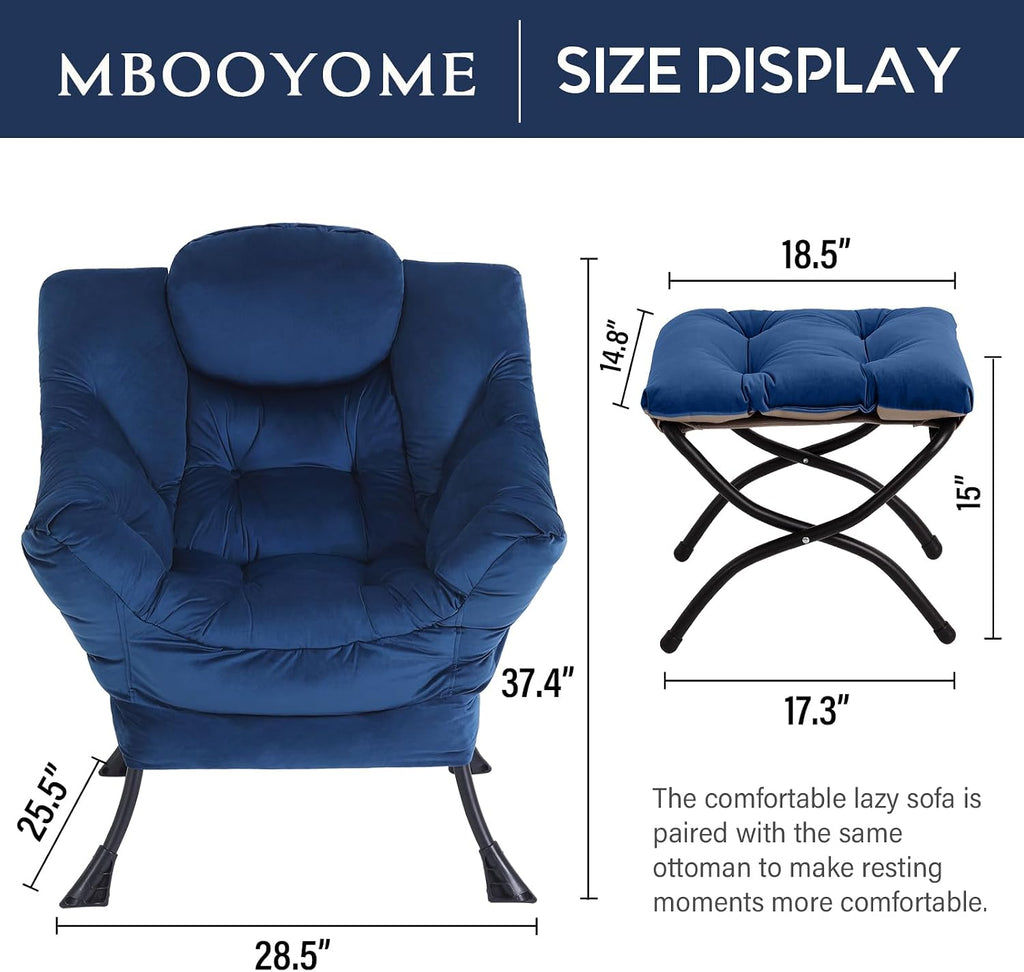 MBOOYOME Lazy Chair with Folding Ottoman, Modern Accent Armchair with Armrests and a Side Pocket & Foldable Footstool, Reading Chair for Living Room, Bedroom, Dorm & Office, Royal Blue