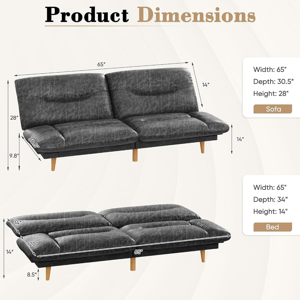 Homall Futon Sofa Bed, Modern Loveseat Futon Couch with Adjustable Backrest and Armrests, Sleeper Sofa Bed with Wood Frame for Living Room, Office, Apartment (Leathaire, Coal Black)
