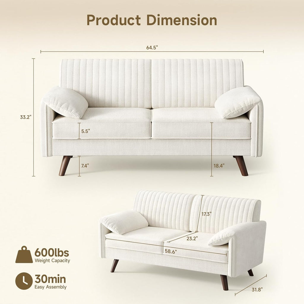 ONBRILL 64.5' Loveseat Sofa, Chenille Loveseat Couch for Living Room, 23.2' Deep Seat Love Seat with Padded Arms, Comfy Modern Small Couches for Bedroom, Small Spaces, Dorms, Office, Beige