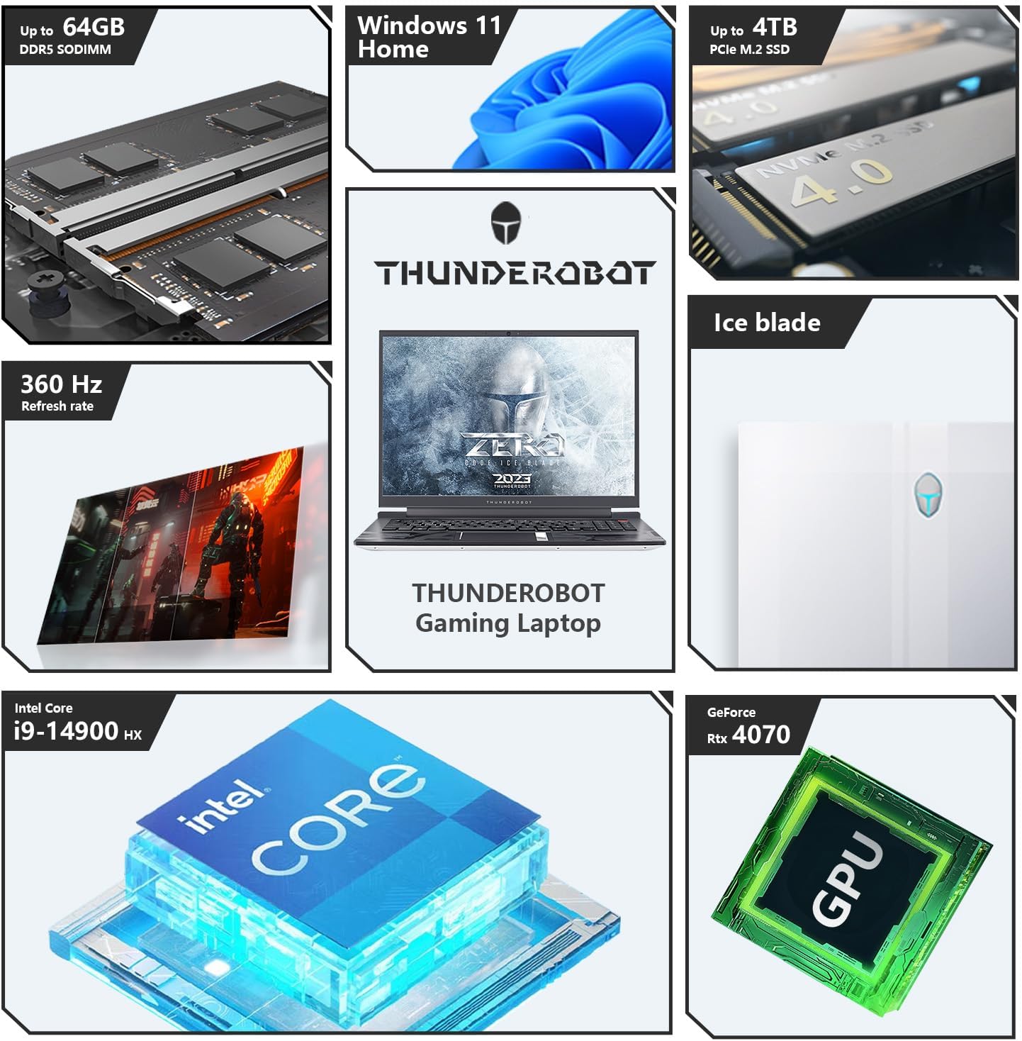 Thunderobot Zero 16 RTX 4070 Gaming Laptop, 16' WQXGA 360Hz 2.5K Display, 14th Gen Intel Core i9-14900HX, GeForce RTX 4070, 32GB DDR5 RAM, 1TB SSD, RGB Backlit KB, Wi-Fi 6, Win 11 Home, White