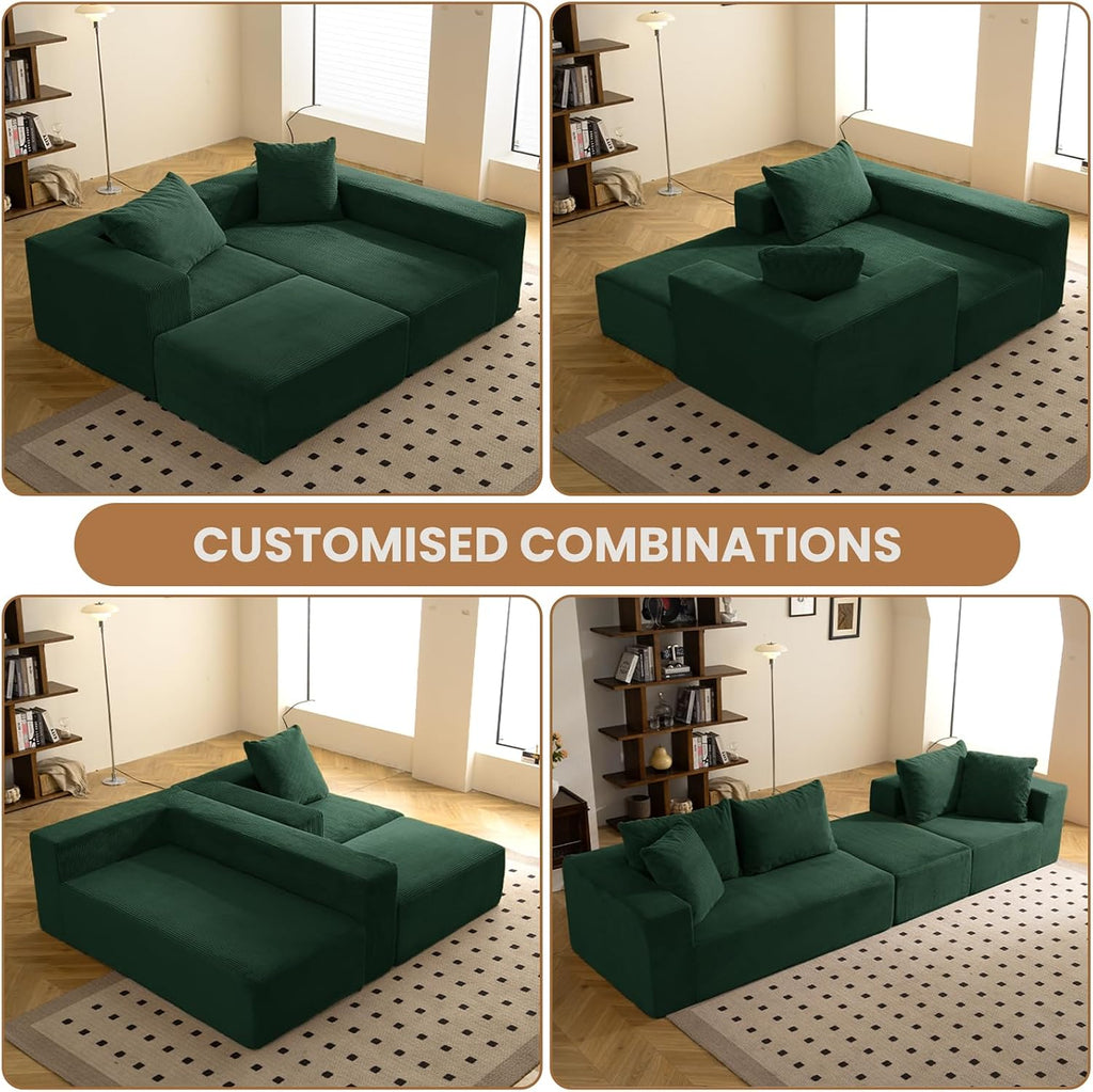 108' L-Shaped Boneless Couch, Modular Sectional Sofa with Moveable Ottoman, Corduroy Cloud Couches for Living Room, No Assembly, Ship in a Box, Green