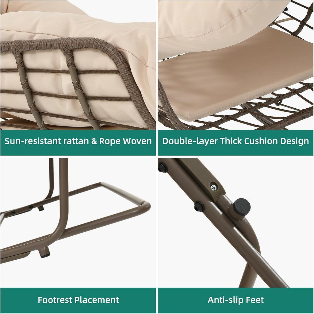 YITAHOME Rocking Papasan Chair, Outdoor Oversized Saucer Chair with Foldable Frame & Comfy Cushion, Wicker Basket Moon Chair for Patio, Porch, Bedroom (Brown+Beige)