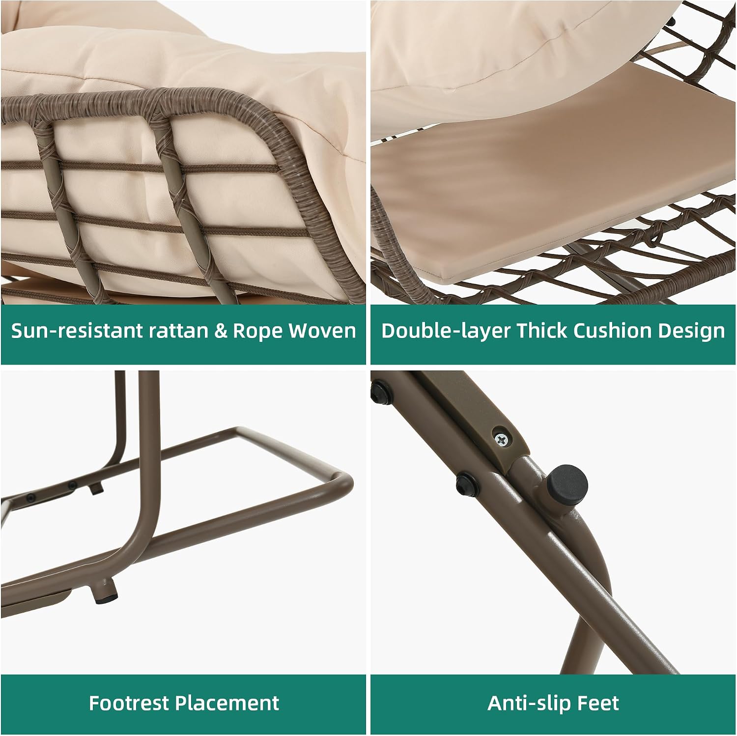 YITAHOME Rocking Papasan Chair, Outdoor Oversized Saucer Chair with Foldable Frame & Comfy Cushion, Wicker Basket Moon Chair for Patio, Porch, Bedroom (Brown+Beige)
