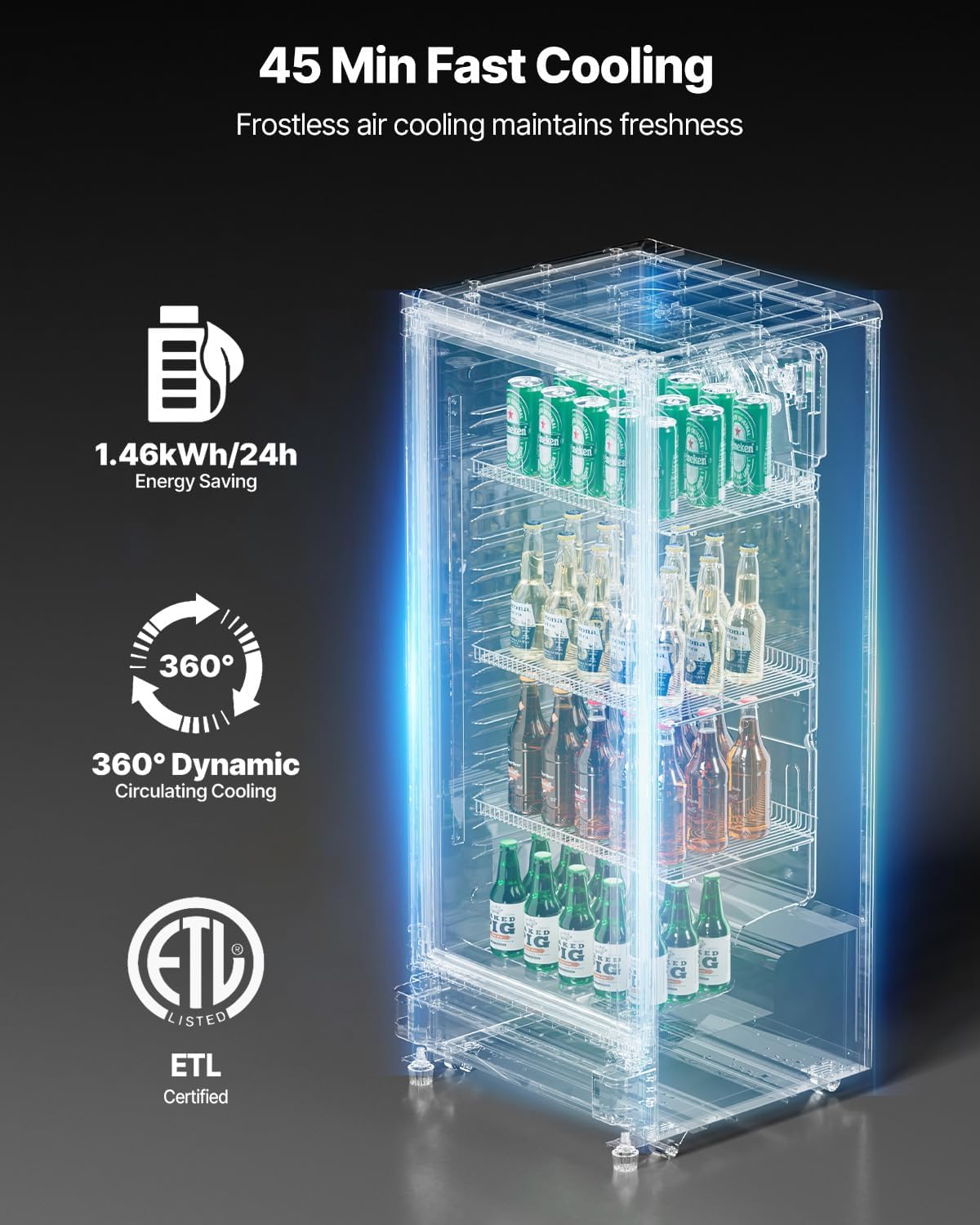 VEVOR Commercial Merchandiser Refrigerator, 13.3 CU.FT Glass Door Display Refrigerator, Beverage Cooler Merchandiser with Adjustable Shelves, Soft LED Light, Customizable Lightbox, Black