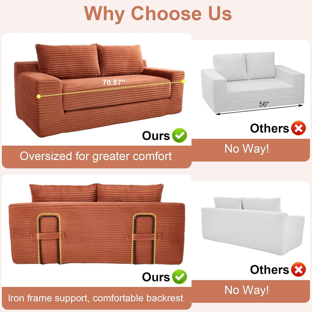 GNIXUU Corduroy Cloud Loveseat Sofa, 2 in 1 Convertible Sleeper Sofa with Fixed-Shape Frame, Comfy Folding Boneless Love Seat Couches for Living Room, Apartment, Small Spaces. Orange