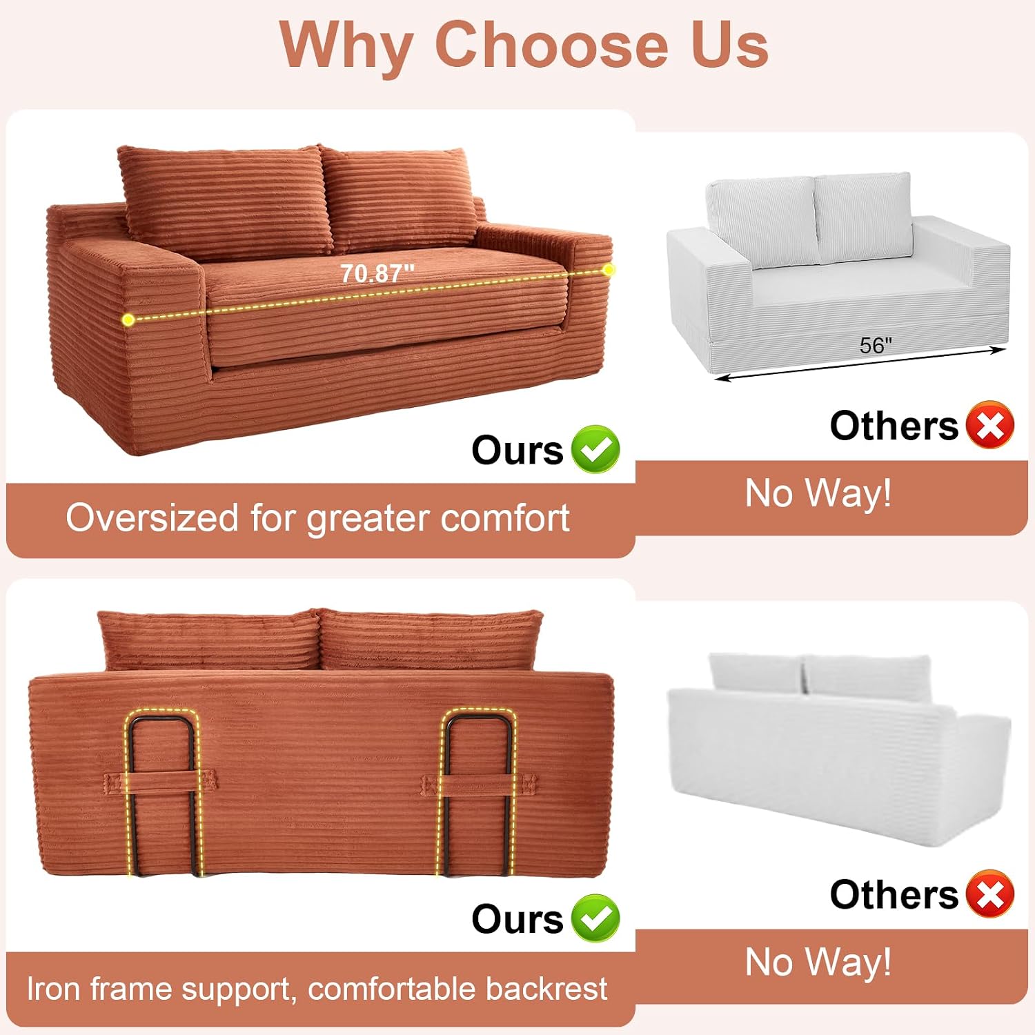 GNIXUU Corduroy Cloud Loveseat Sofa, 2 in 1 Convertible Sleeper Sofa with Fixed-Shape Frame, Comfy Folding Boneless Love Seat Couches for Living Room, Apartment, Small Spaces. Orange