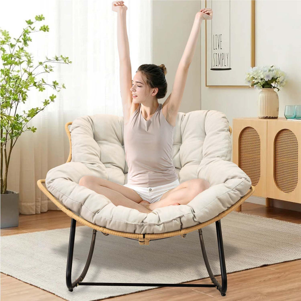 Oversized Papasan Rocking Chair Outdoor/Indoor, Boho Egg Wicker Recliner with Thick Cushion, Versatile Comfy Garden Seating Chairs for Living Room, Bedroom, Balcony, Patio (Beige+Black)