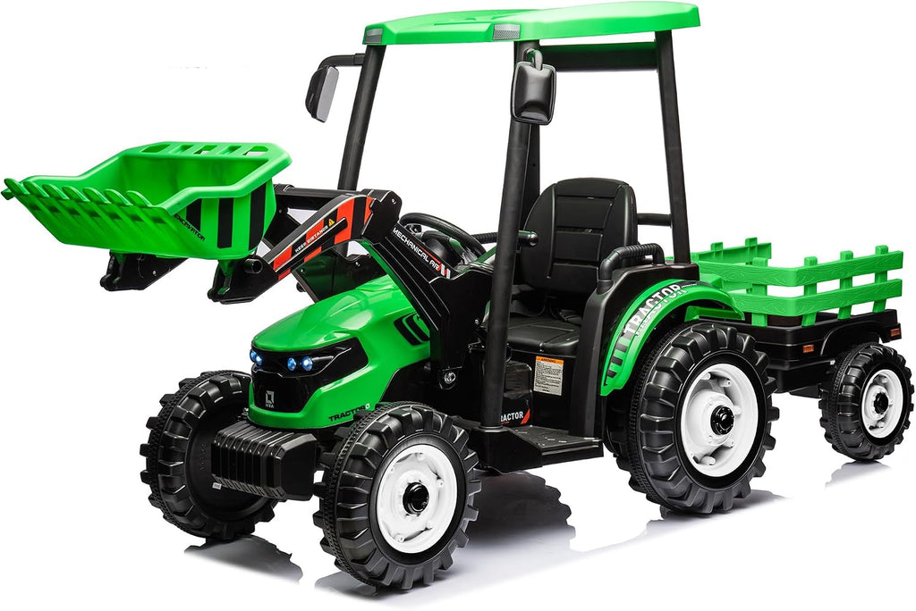 Kidsera 24V Kids Ride on Tractor with Trailer & Front Loader, 3 In1 Tractor 4-Gearbox 24volt Dual Motors Metal Frame, 24V Ride on Toys for Big Kids, Power Wheels Kids Electric Vehicles (Green)