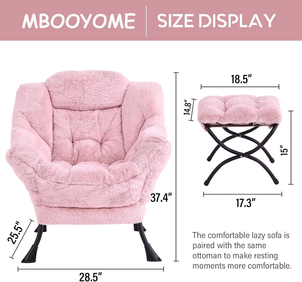 MBOOYOME Lazy Chair with Folding Ottoman, Modern Accent Lounge Armchair with Armrests and a Side Pocket & Foldable Footstool, Leisure Reading Chair for Living Room, Bedroom, Dorm & Office, Plush Pink