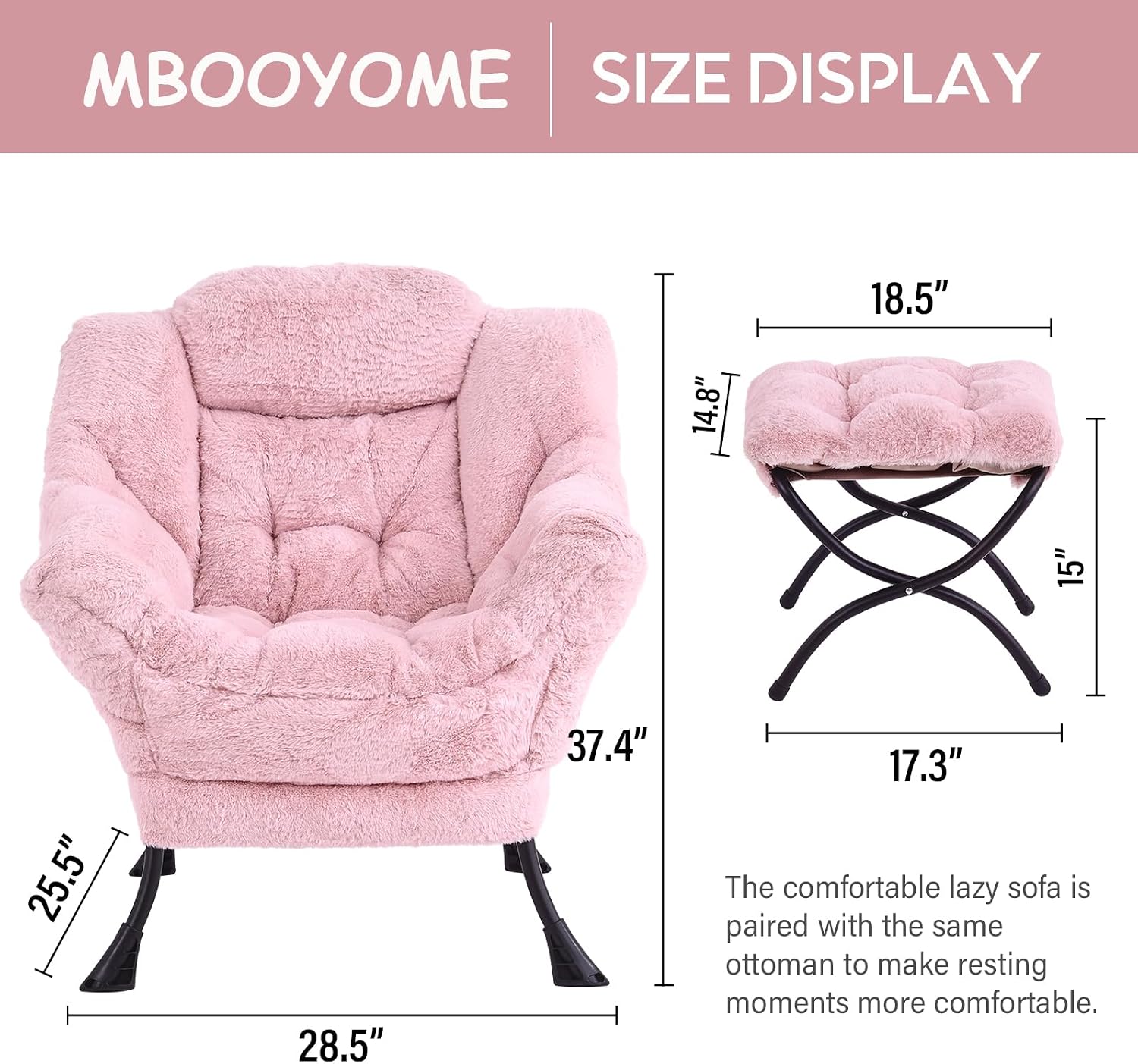 MBOOYOME Lazy Chair with Folding Ottoman, Modern Accent Lounge Armchair with Armrests and a Side Pocket & Foldable Footstool, Leisure Reading Chair for Living Room, Bedroom, Dorm & Office, Plush Pink