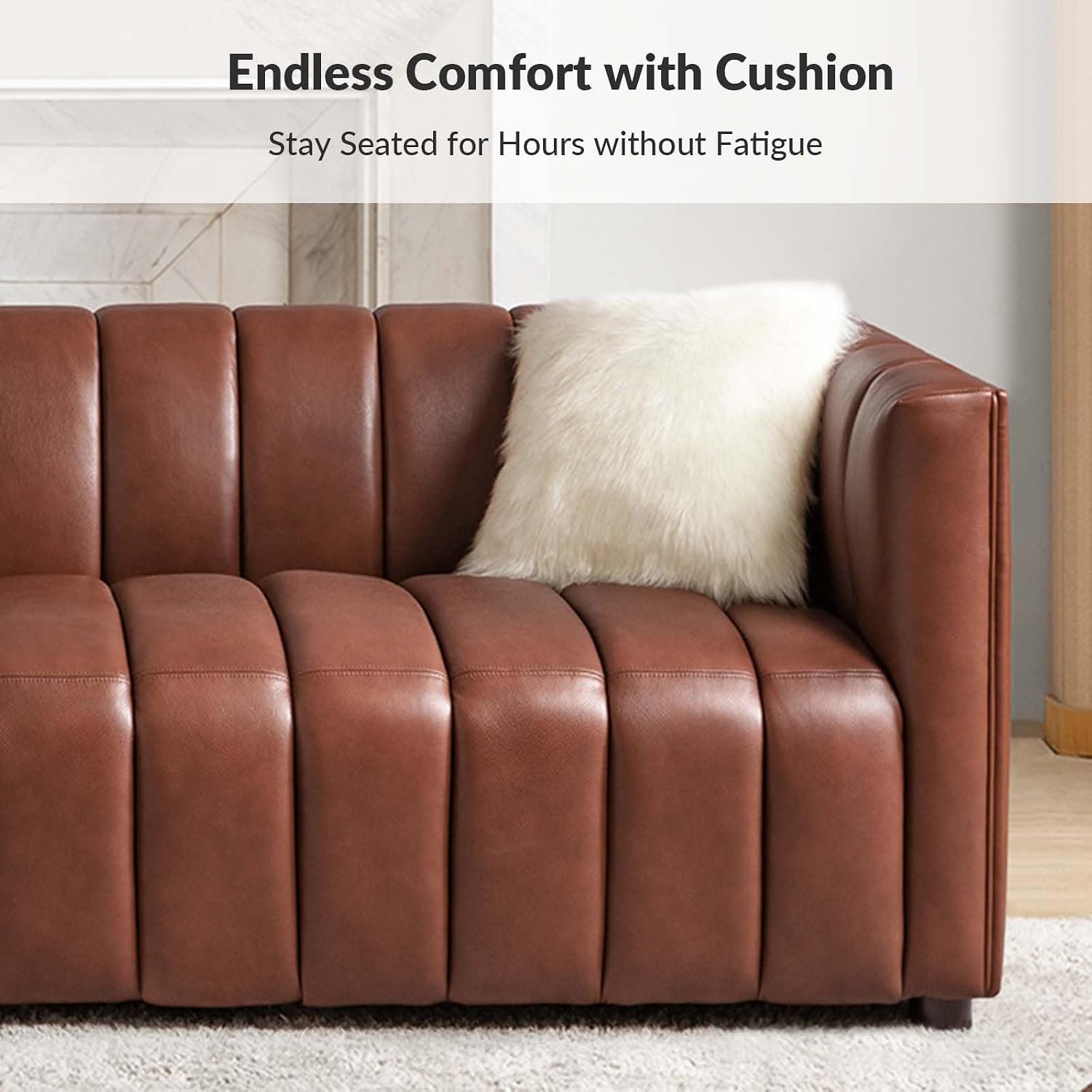 HULALA HOME 83' Genuine Leather Sofa with Channel Tufted Design, 3-Seater Sofa for Living Room Bedroom, Modern Oversized Couch with Wood Legs, Brown