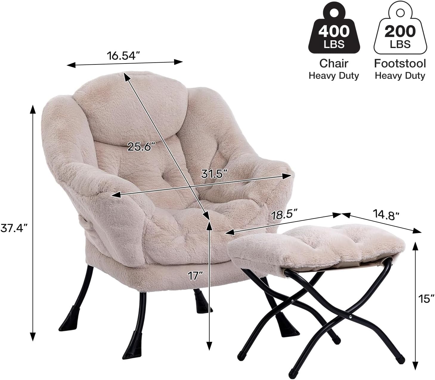 HollyHOME Lazy Chair with Foldable Ottoman, Accent Comfy Lounge Armchair and Folding Footrest Stool, Leisure Sofa Reading Chair and Footstool for Living Room, Bedroom, Dorm,Faux Fur Light Camele