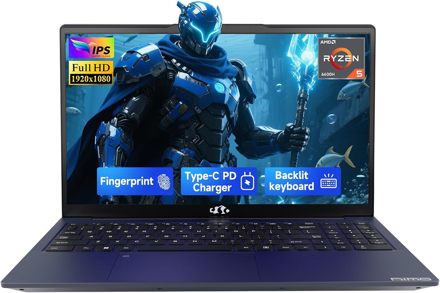 NIMO 15.6' IPS FHD-Gaming-Laptop,AMD Ryzen 5 6600H 16GB DDR5 RAM 512GB SSD (Beat i5-1335U, 6 Cores Up to 4.5GHz) AMD Radeon 660M GPU-Computer with 100W Type-C Backlit Keyboard Fingerprint