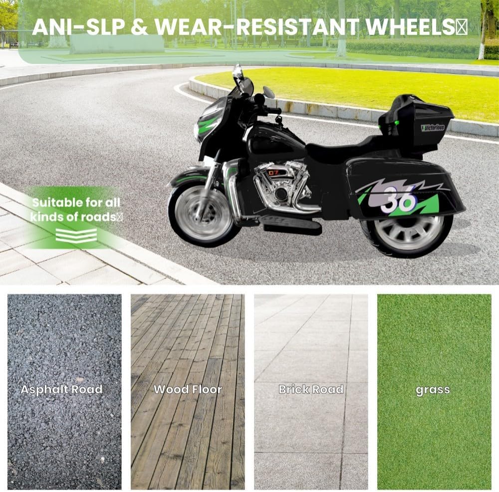 Kids Motorcycle | 12V Electric Motorcycle for Kids Ages 3-8 | 2-Seat, 3-Wheel Toy Car with Bluetooth, LED Lights | Safe Toy Vehicle Gift (Black)
