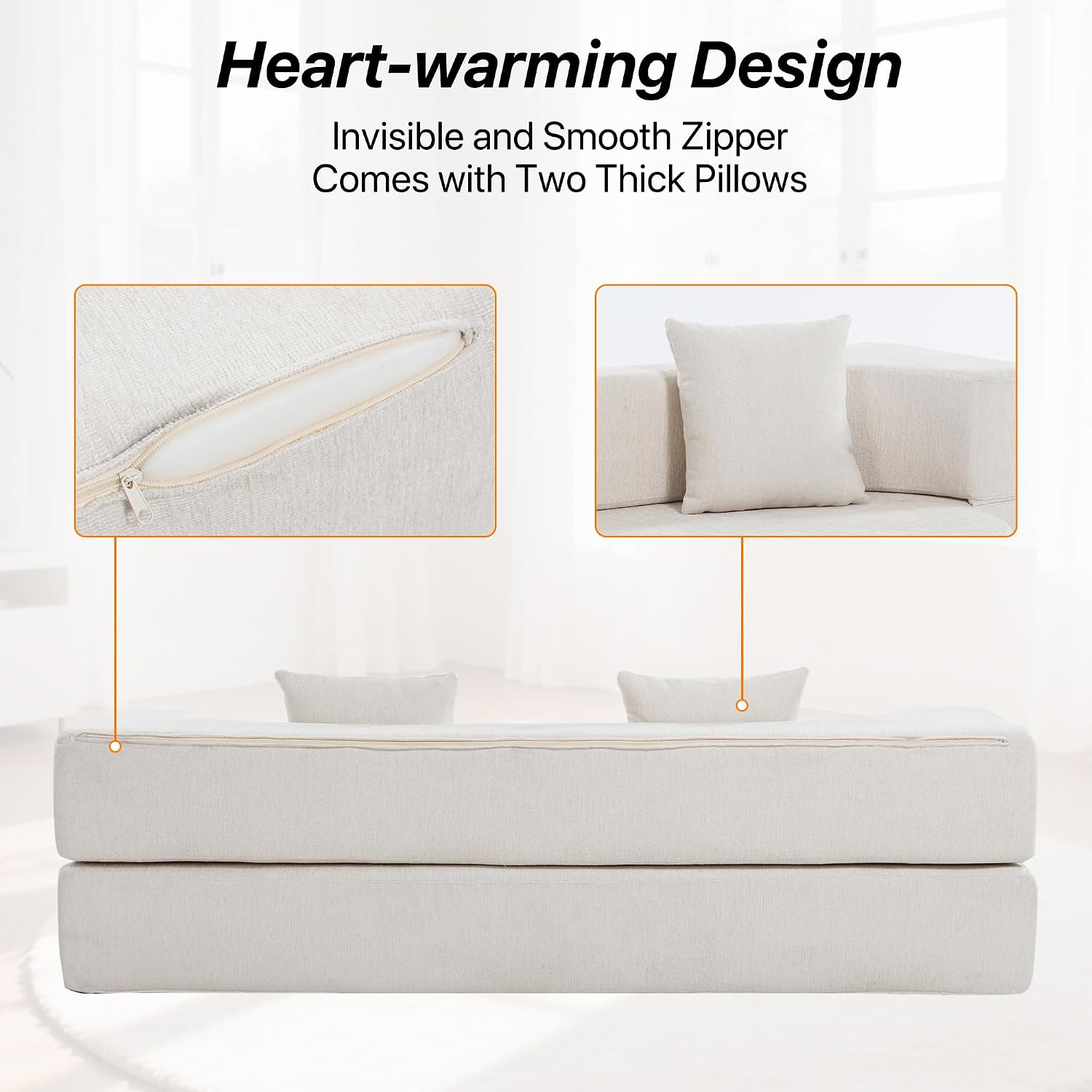 HENGJIANYI Folding Sofa Bed, Convertible Futon Sleeper Bed, 2-in-1 Foldable Floor Mattress, Breathable High-Density Foam Lazy Couch, Twin Size Comfy Lounge Chair with 2 Pillows, Beige