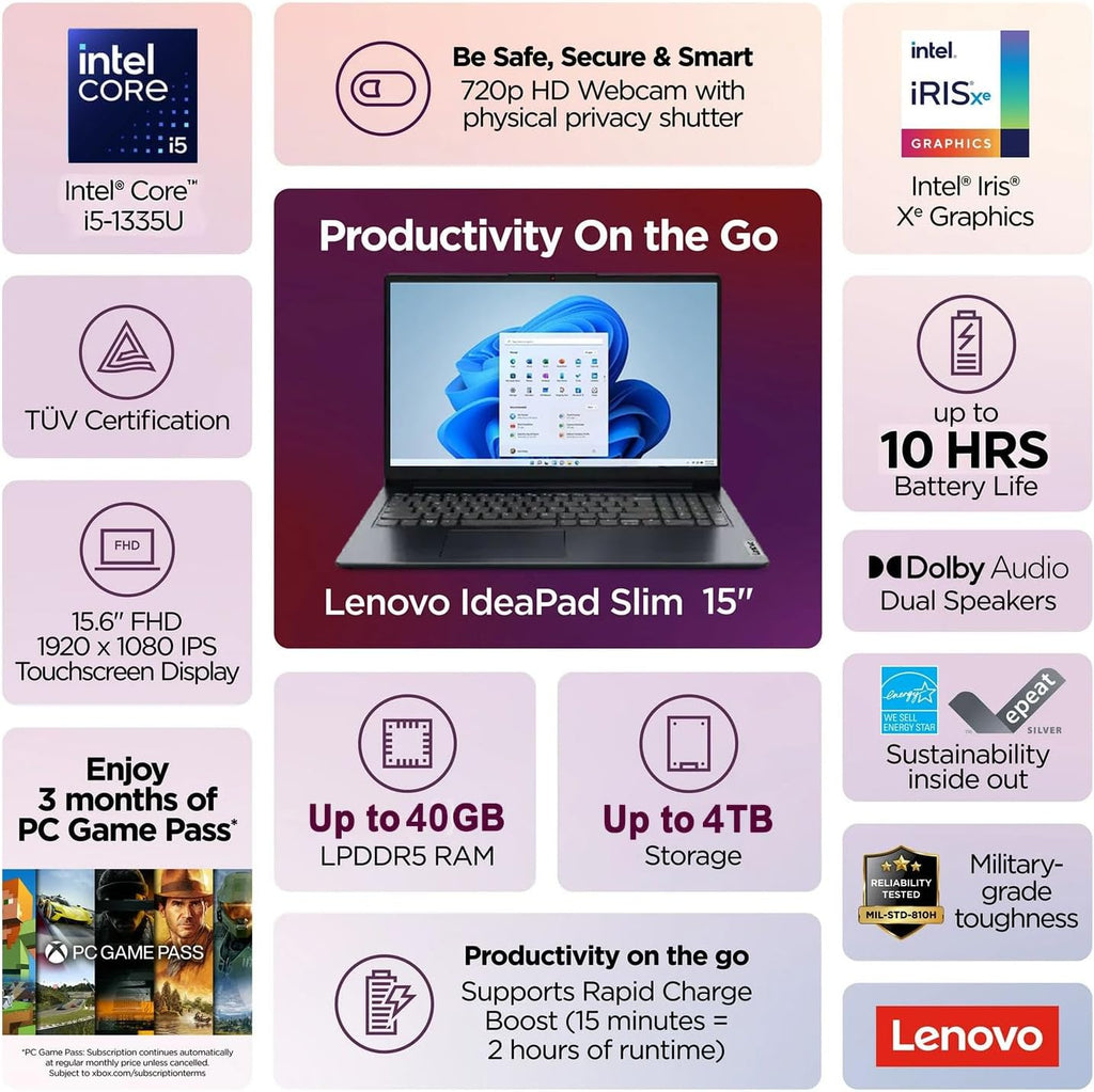 Lenovo 15.6' FHD Touchscreen Laptop • Intel Core i5-1335U (10 Cores) • 12GB DDR4RAM • 1TB SSD • Privacy Shutter • Copilot AI • SD Card Reader • 10H Battery • WiFi 6 • Windows 11 • WOWPC USB
